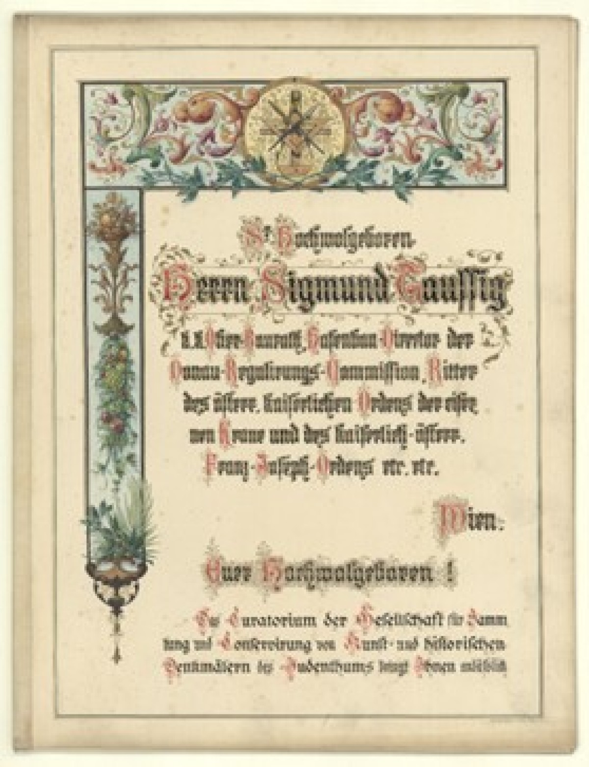 : Decorative certificate with ornate floral and cherub border, featuring German Gothic script text and a compass rose at the top center.