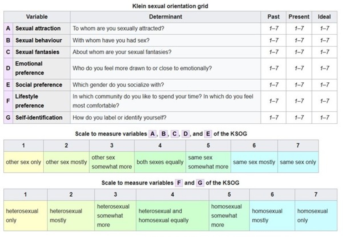 : Tabelle des Klein Sexual Orientation Grid mit Variablen zu sexueller Anziehung, Verhalten, Fantasien, emotionaler Präferenz, sozialer Präferenz, Lebensstil und Selbstidentifikation, jeweils bewertet auf einer Skala von 1 bis 7 für Vergangenheit, Gegenwart und Ideal. Skalen erklären Werte von 1 (heterosexuell oder anderes Geschlecht ausschließlich) bis 7 (homosexuell oder gleiches Geschlecht ausschließlich).