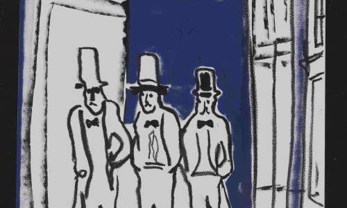 Schwarz-weiße Linienzeichnung von drei Männern mit Zylindern, die eine Straße entlanggehen, über ihnen ein großes Auge am Himmel