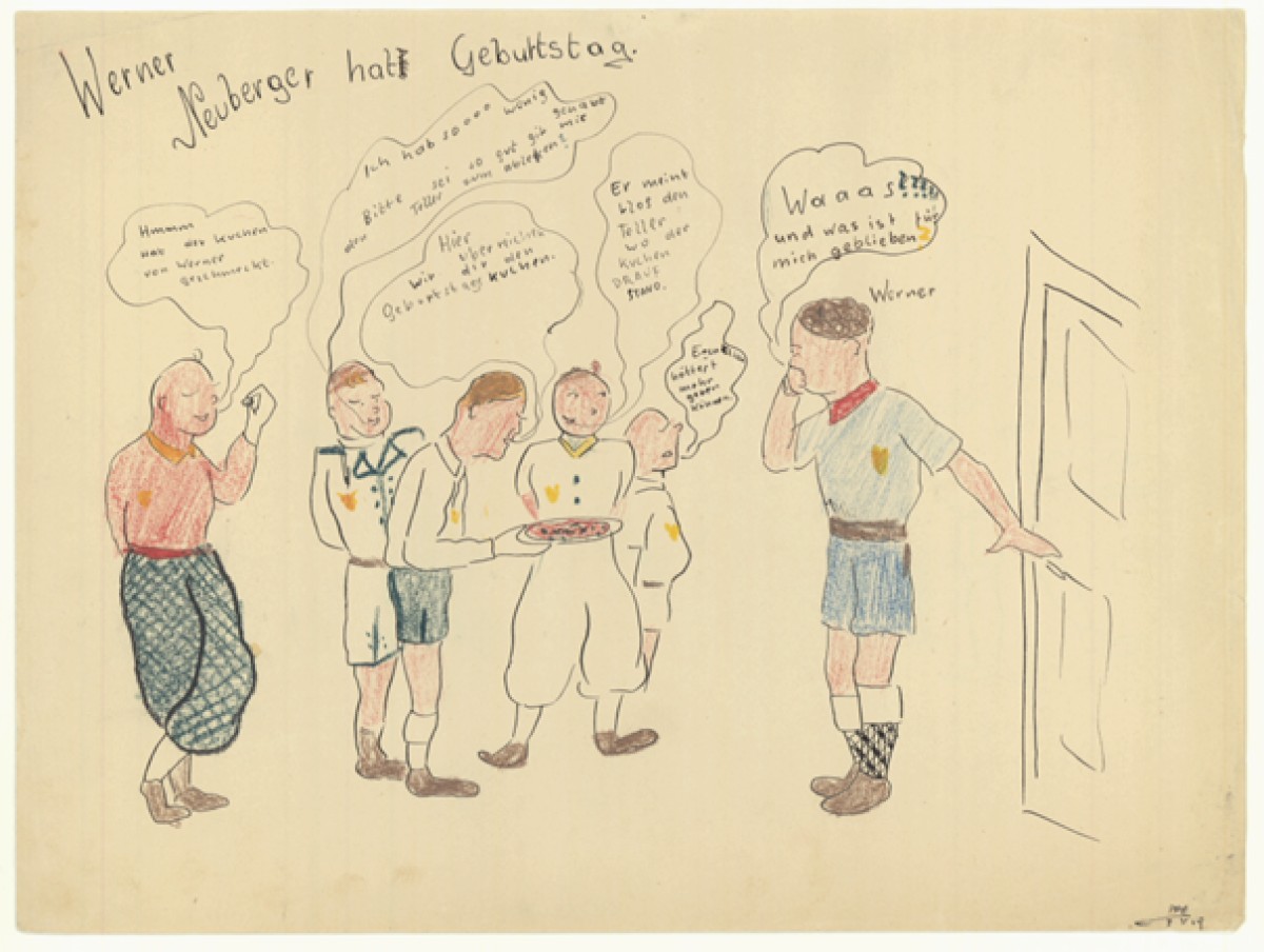 : A hand-drawn illustration of a birthday party