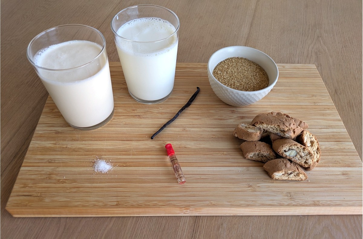 : Ingredience for the icecream on a wooden board