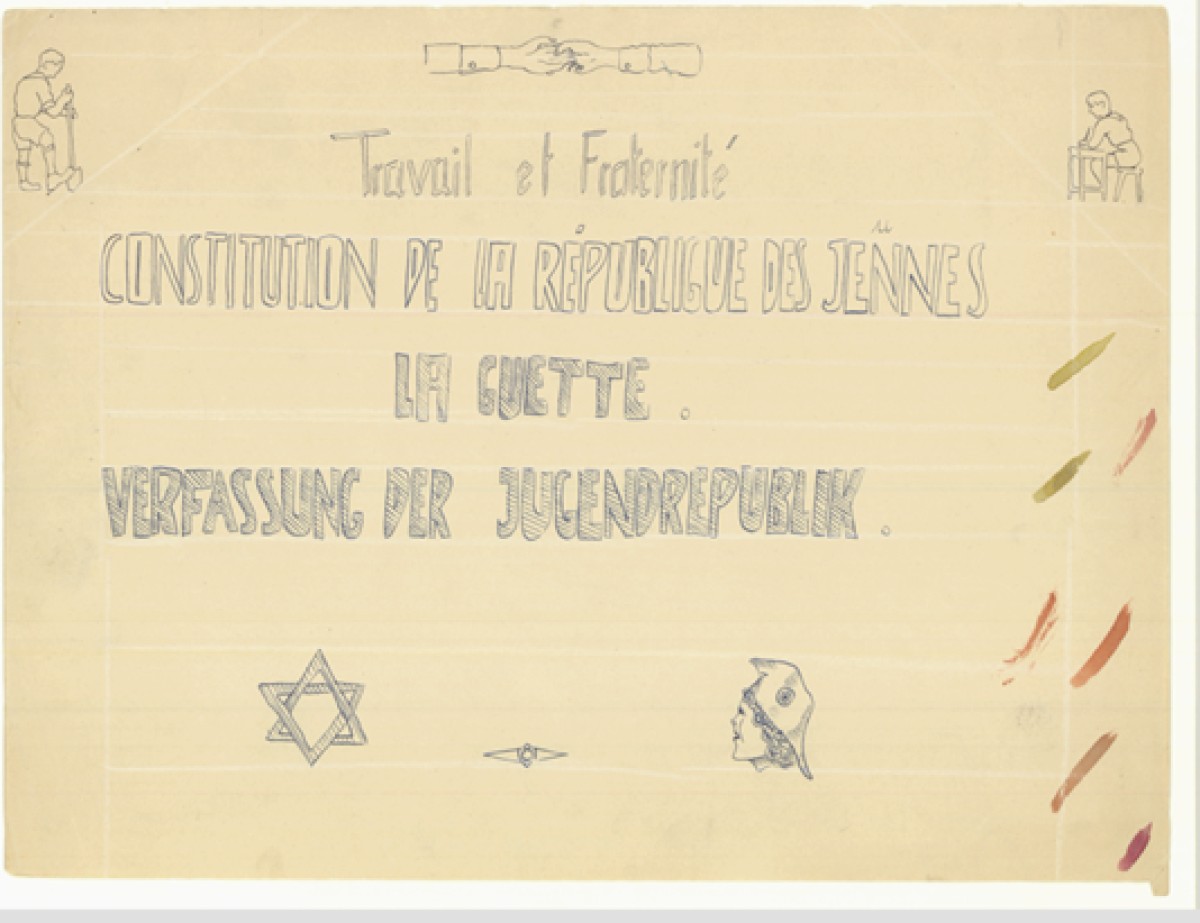 : A drawing by the artist PPP as a child with French and Jewish symbols