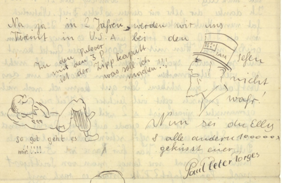 : A handwritten letter with illustrations of a young boy wearing a sweater and Uncle Sam