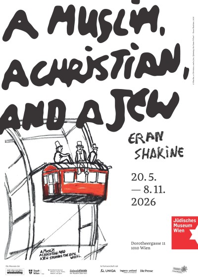 : Plakat des Ausstellung a Muslim a Christian and a Jew. Drei Herren mit Zylinder auf einer Gondel des Riesenrats