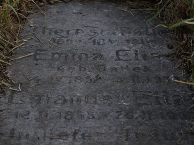 Grabstein mit verwitterter Inschrift und Gras an den Rändern