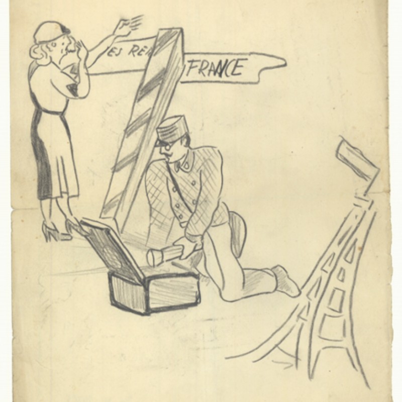 : A hand-drawn illustration of a crying woman at a signpost and a man inspecting a suitcase with the Eiffel tower in the background
