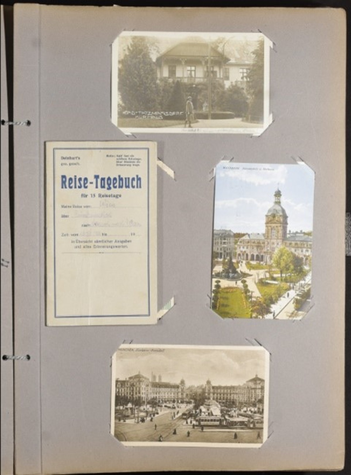 : Page from the photo album with three vintage photos and a Reise-Tagebuch travel diary cover page in German.