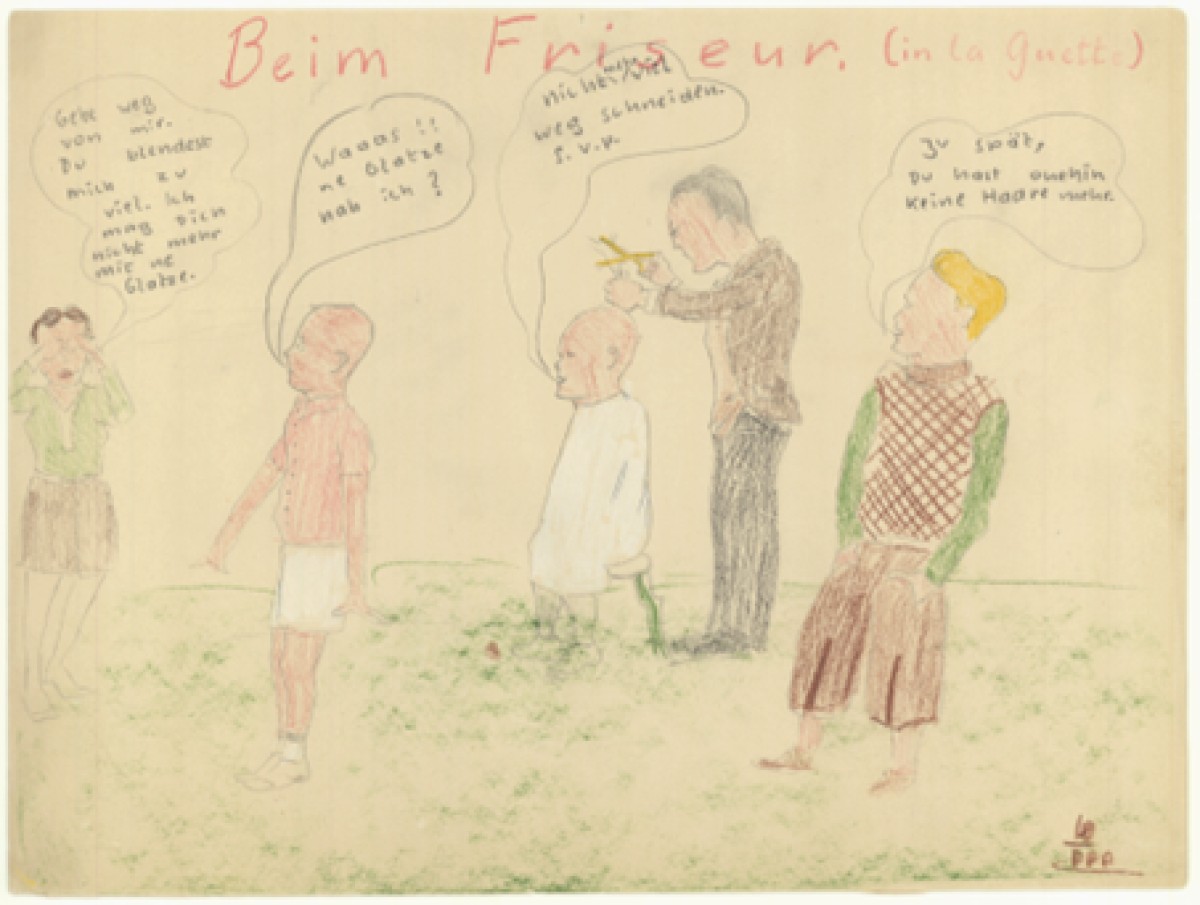: A hand-drawn illustration of children getting their hair cut
