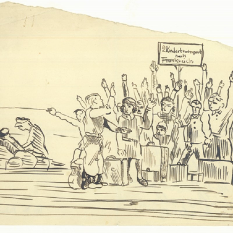 : A hand-drawn illustration of people waving goodbye at a train station