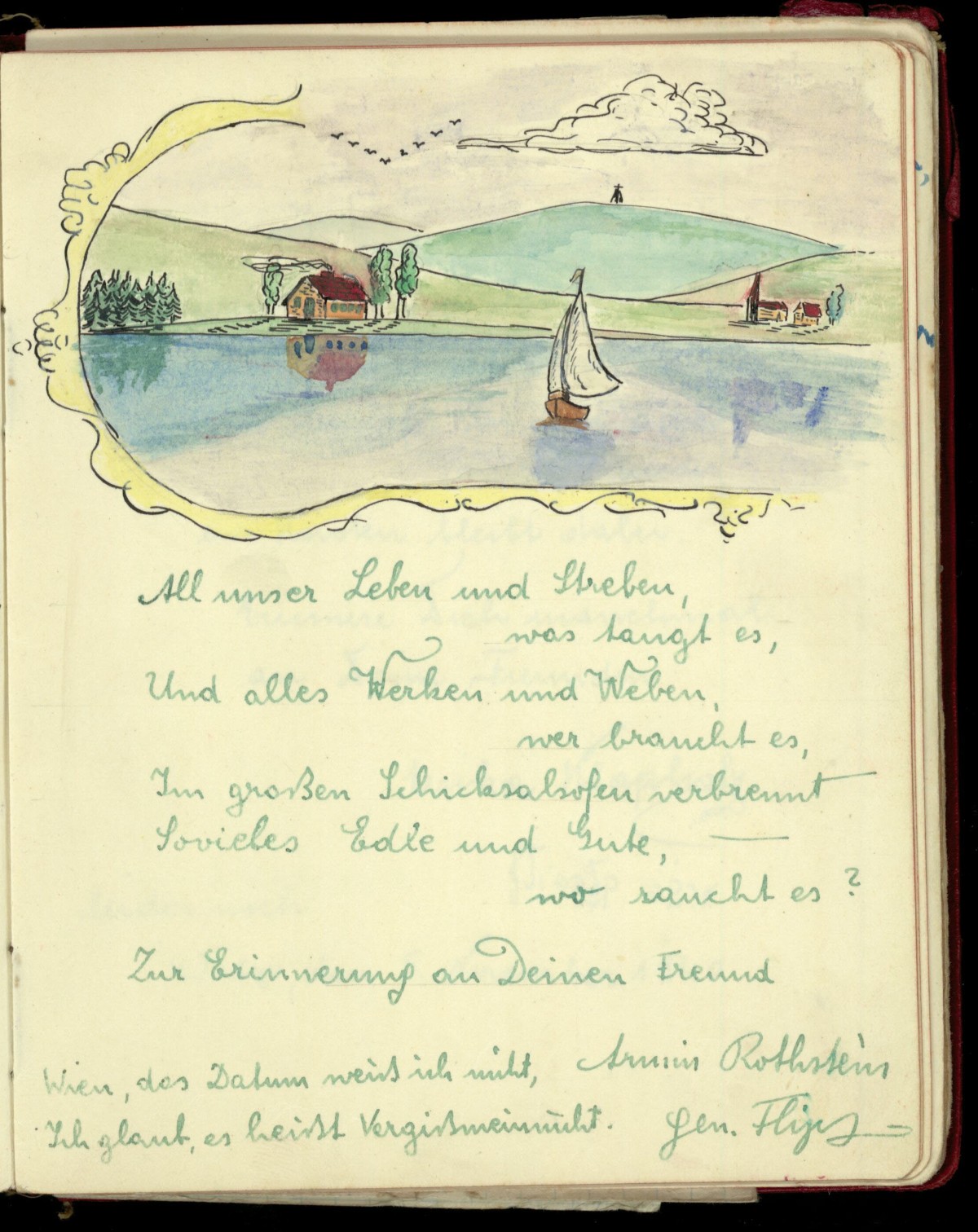 : Hand-drawn landscape with hills, trees, houses, and a sailboat on a lake, accompanied by a German poem handwritten in green ink, signed by Armino Rothstein in a vintage album.