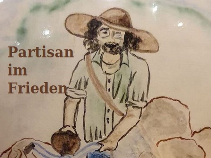 Zeichnung eines bärtigen Mannes mit breitkrempigem Hut, der ein Fahrrad schiebt, umgeben von schematisch gezeichneten Ziegen