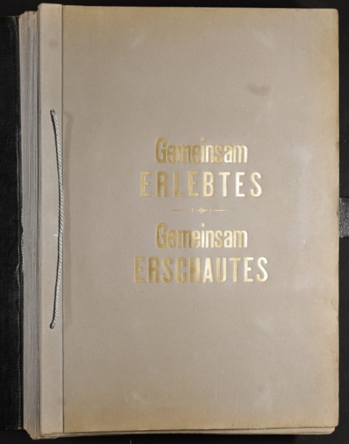 : Cover of a photo album with gold embossed German text 'Gemeinsam ERLEBTES Gemeinsam ERSCHAUTES' on beige background