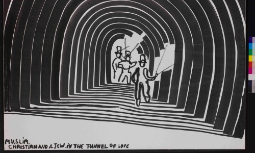 Schwarz-weiße Zeichnung eines Tunnels mit mehreren Bögen und drei Personen, von denen eine eine Fahne hält